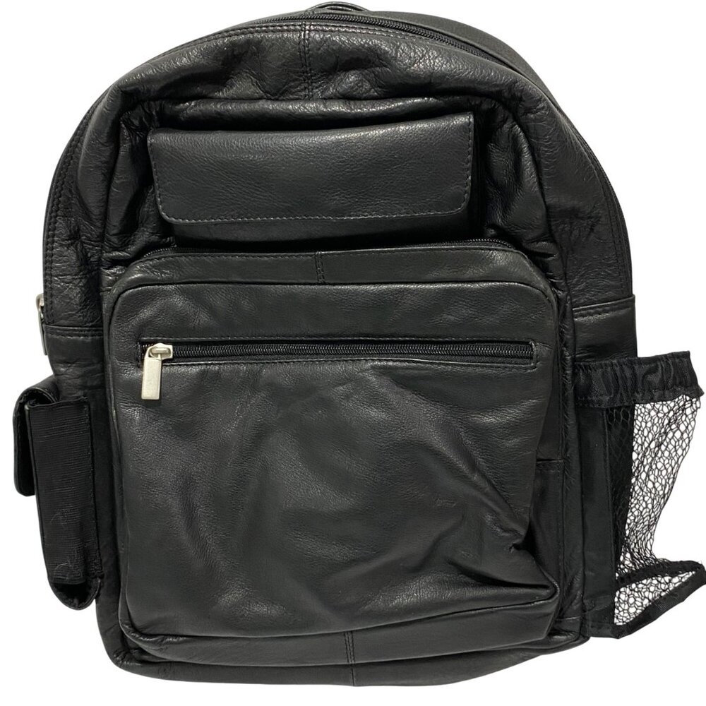 Black Leather Backpack With Multiple Compartments… - image 1